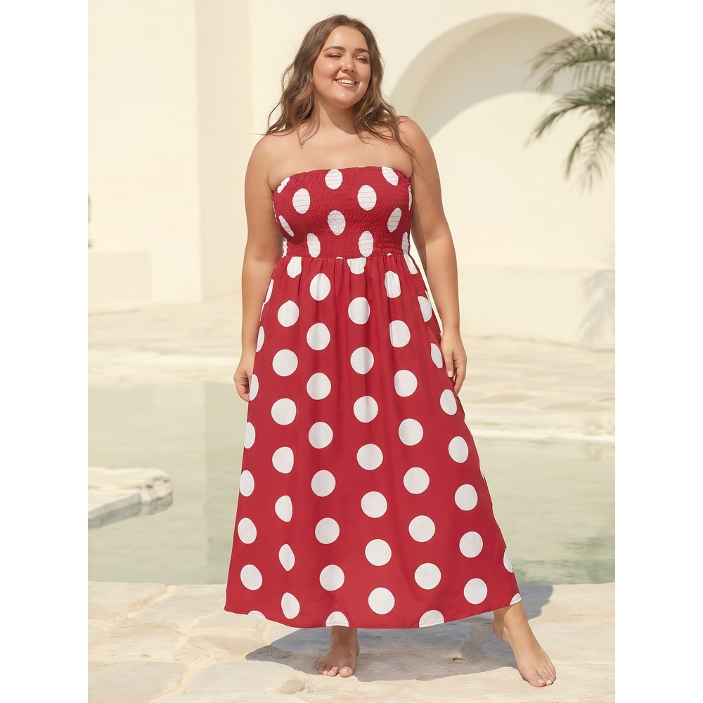 Seasty Curve Womens 2XL Red White Polka Dot Smocked Strapless Maxi Dress Summer